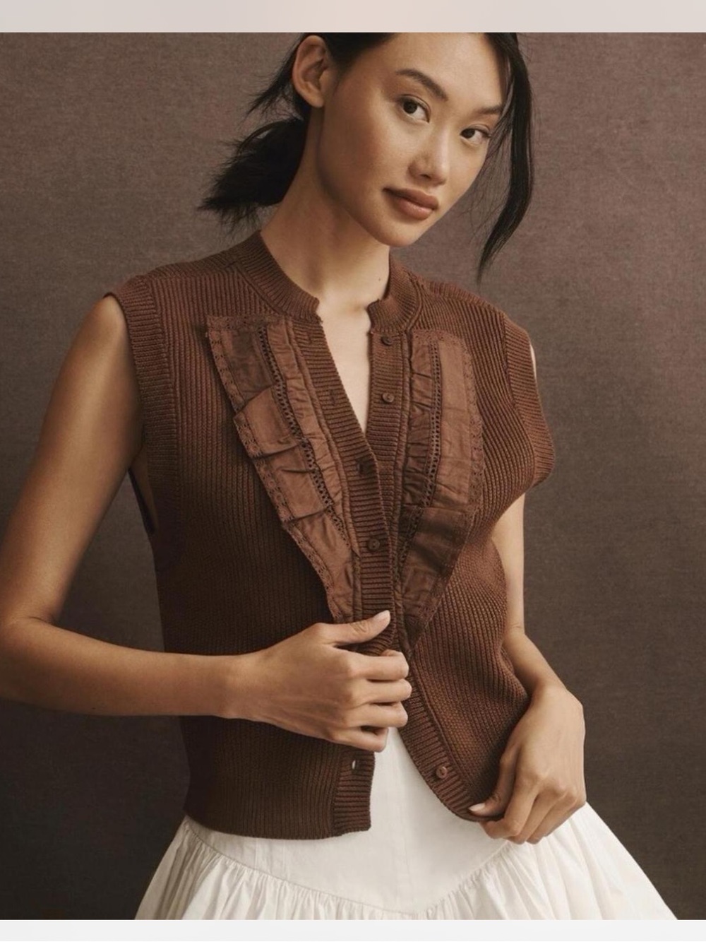 Maeve Anthropologie Button Front Knit with Lace Ruffle Dark Brown Size S